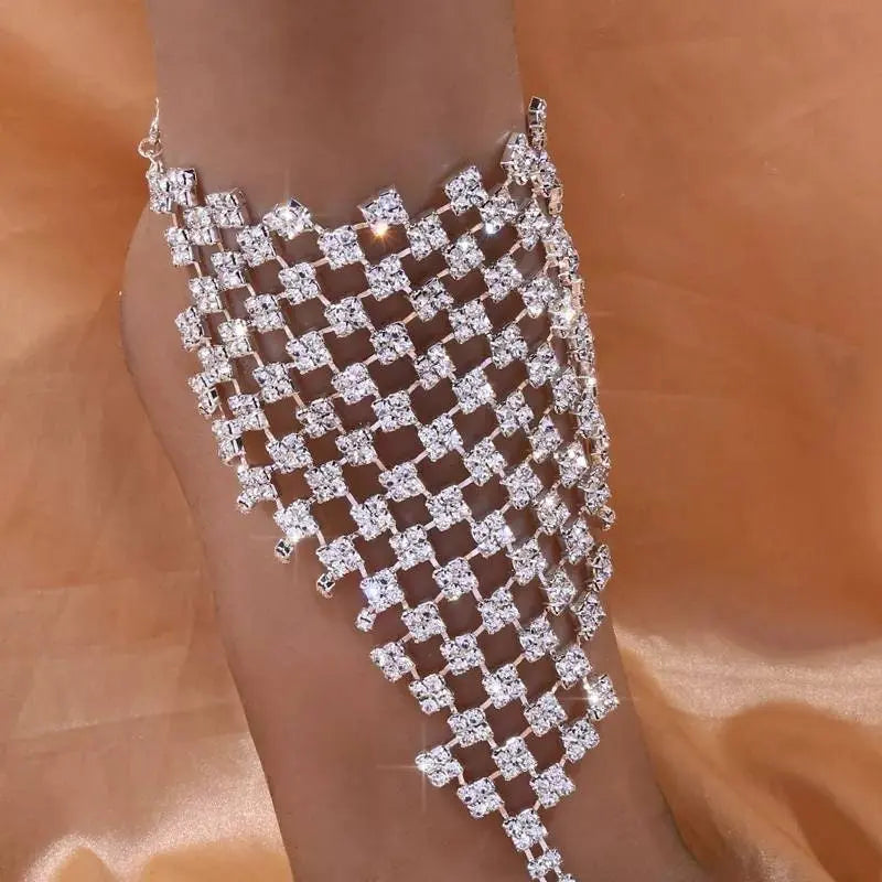 1 pc Full Adjustable Chain Barefoot Sandals Beach Wedding Jewelry Anklet with Rhinestone Toe Ring Leaf Bridal Toe JettsJewelers