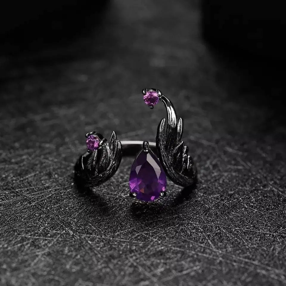 1.43Ct Amethyst Rings Angel's Wing Sterling Silver Handmade Birthstone Ring for Women Birthday Jewelry Gifts Adjustable February Birthstone - JettsJewelers