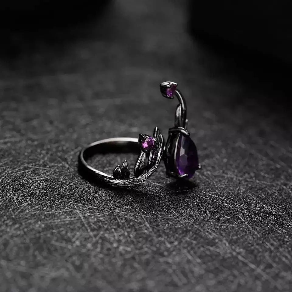 1.43Ct Amethyst Rings Angel's Wing Sterling Silver Handmade Birthstone Ring for Women Birthday Jewelry Gifts Adjustable February Birthstone - JettsJewelers