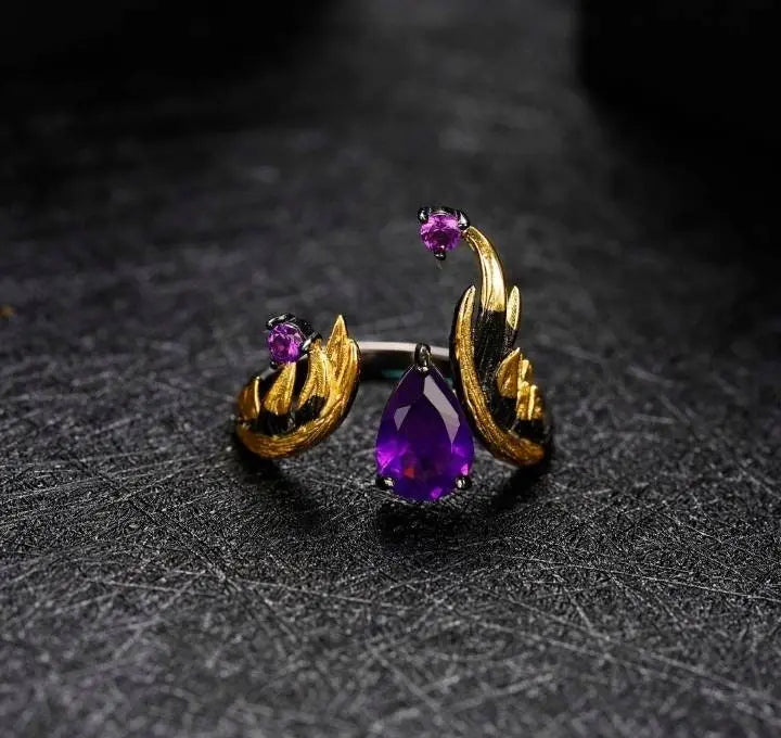 1.43Ct Amethyst Rings Angel's Wing Sterling Silver Handmade Birthstone Ring for Women Birthday Jewelry Gifts Adjustable February Birthstone - JettsJewelers