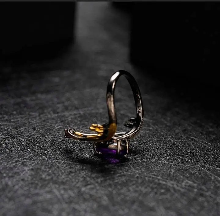 1.43Ct Amethyst Rings Angel's Wing Sterling Silver Handmade Birthstone Ring for Women Birthday Jewelry Gifts Adjustable February Birthstone - JettsJewelers
