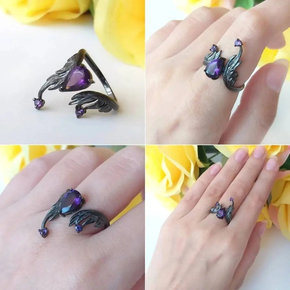 1.43Ct Amethyst Rings Angel's Wing Sterling Silver Handmade Birthstone Ring for Women Birthday Jewelry Gifts Adjustable February Birthstone - JettsJewelers