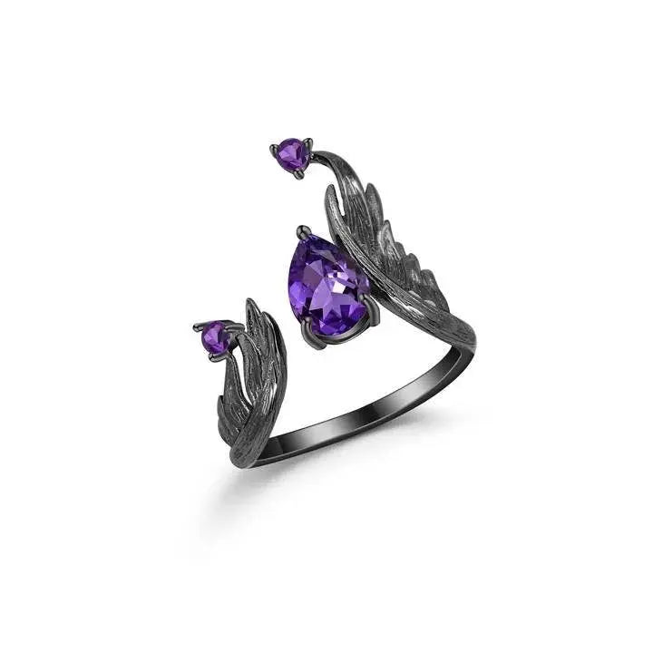 1.43Ct Amethyst Rings Angel's Wing Sterling Silver Handmade Birthstone Ring for Women Birthday Jewelry Gifts Adjustable February Birthstone - JettsJewelers