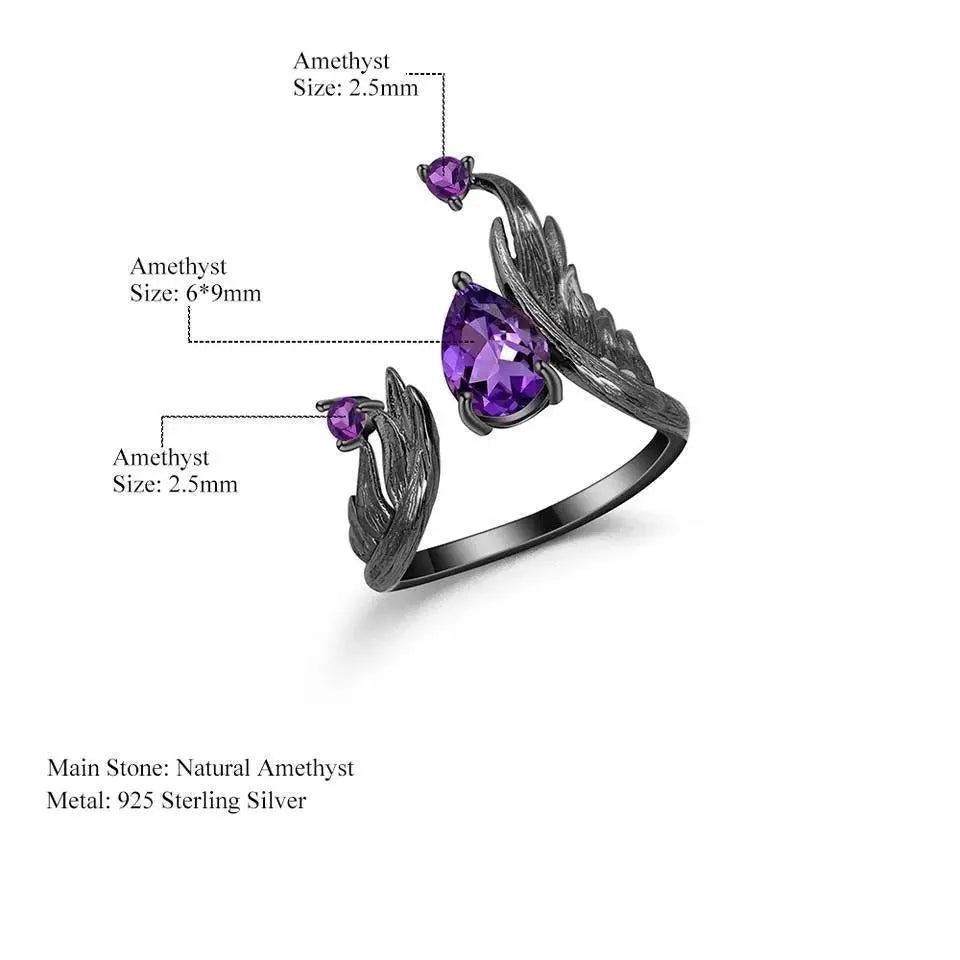 1.43Ct Amethyst Rings Angel's Wing Sterling Silver Handmade Birthstone Ring for Women Birthday Jewelry Gifts Adjustable February Birthstone - JettsJewelers