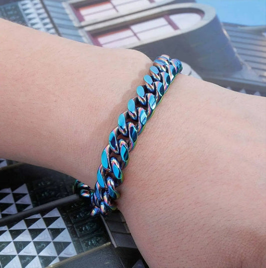 10,14mm Polished Stainless Solid Colorful Rainbow Cuban Link Chain Bracelet for Men and Women Hip Hop Personality Jewelry JettsJewelers