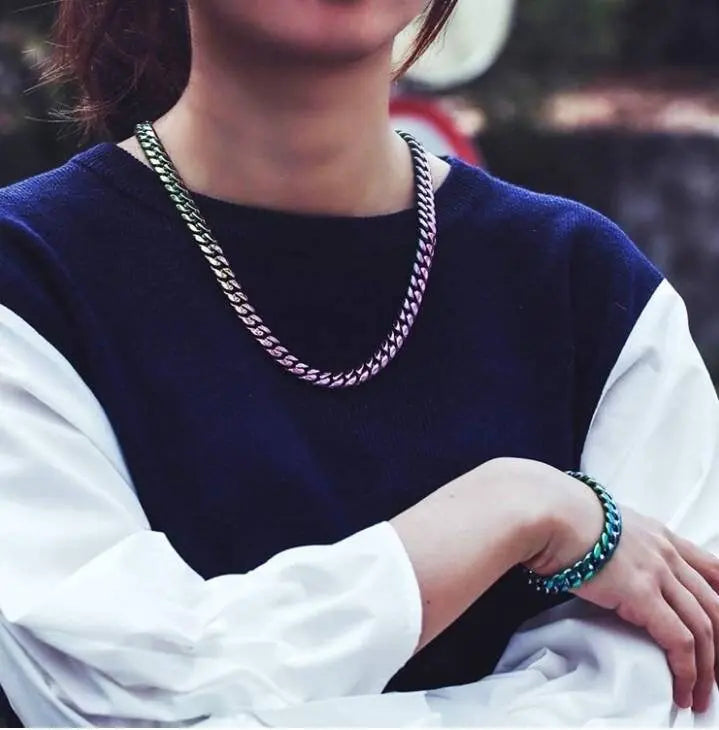 10,14mm Polished Stainless Solid Colorful Rainbow Cuban Link Chain Bracelet for Men and Women Hip Hop Personality Jewelry JettsJewelers