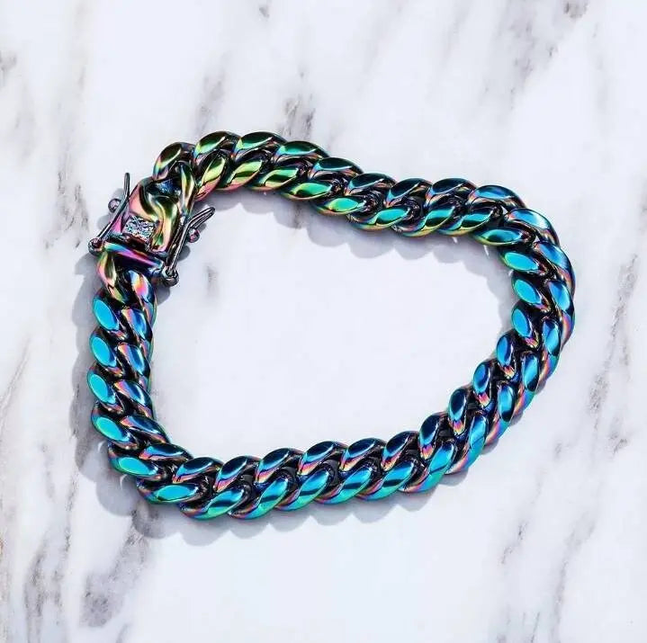 10,14mm Polished Stainless Solid Colorful Rainbow Cuban Link Chain Bracelet for Men and Women Hip Hop Personality Jewelry JettsJewelers
