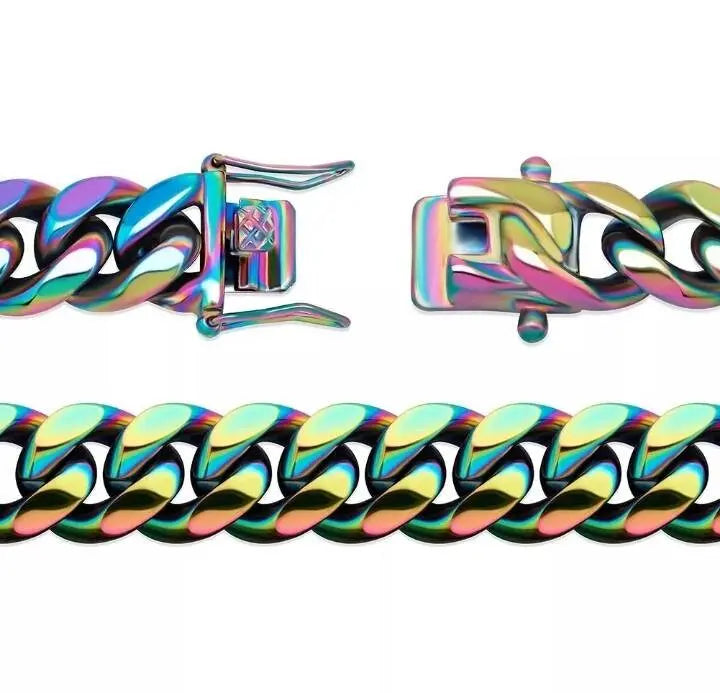 10,14mm Polished Stainless Solid Colorful Rainbow Cuban Link Chain Bracelet for Men and Women Hip Hop Personality Jewelry JettsJewelers