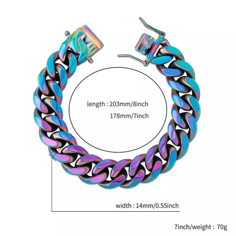 10,14mm Polished Stainless Solid Colorful Rainbow Cuban Link Chain Bracelet for Men and Women Hip Hop Personality Jewelry JettsJewelers