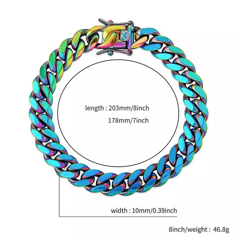 10,14mm Polished Stainless Solid Colorful Rainbow Cuban Link Chain Bracelet for Men and Women Hip Hop Personality Jewelry JettsJewelers