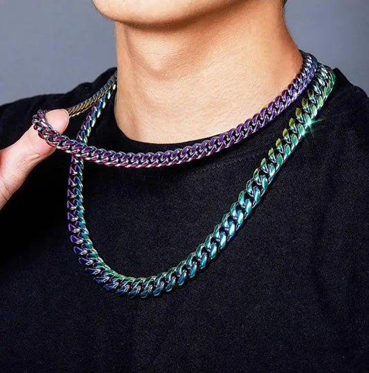 10,14mm Polished Stainless Steel Solid Rainbow Colorful Cuban Link Chain Necklace for Men Women Hip Hop Jewelry JettsJewelers