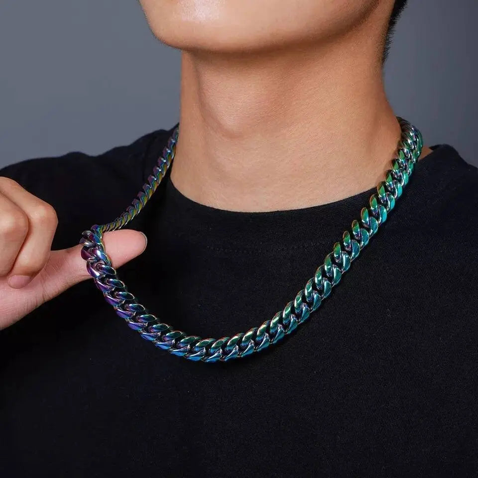 10,14mm Polished Stainless Steel Solid Rainbow Colorful Cuban Link Chain Necklace for Men Women Hip Hop Jewelry JettsJewelers
