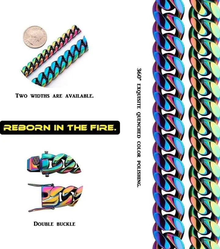 10,14mm Polished Stainless Steel Solid Rainbow Colorful Cuban Link Chain Necklace for Men Women Hip Hop Jewelry JettsJewelers