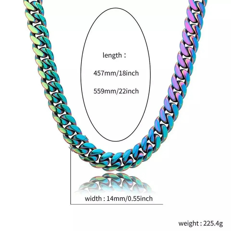 10,14mm Polished Stainless Steel Solid Rainbow Colorful Cuban Link Chain Necklace for Men Women Hip Hop Jewelry JettsJewelers