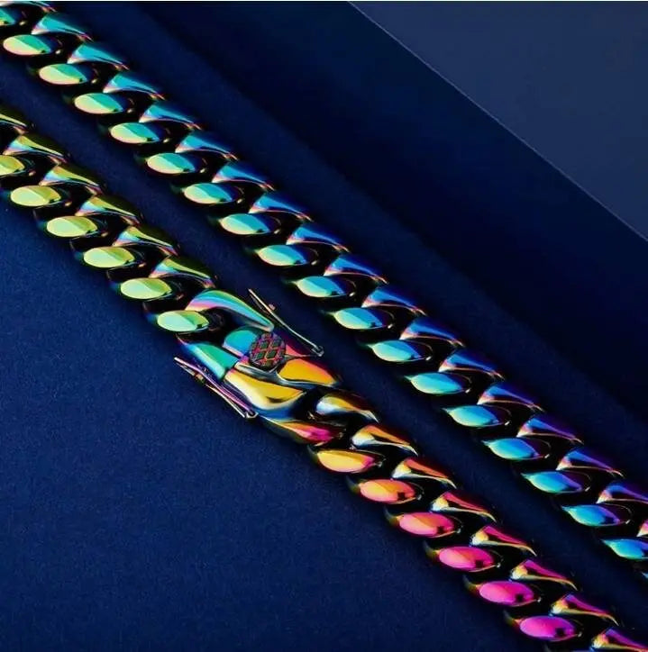 10,14mm Polished Stainless Steel Solid Rainbow Colorful Cuban Link Chain Necklace for Men Women Hip Hop Jewelry JettsJewelers