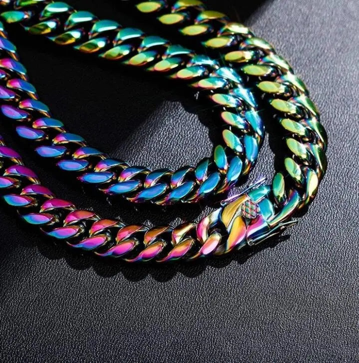 10,14mm Polished Stainless Steel Solid Rainbow Colorful Cuban Link Chain Necklace for Men Women Hip Hop Jewelry JettsJewelers