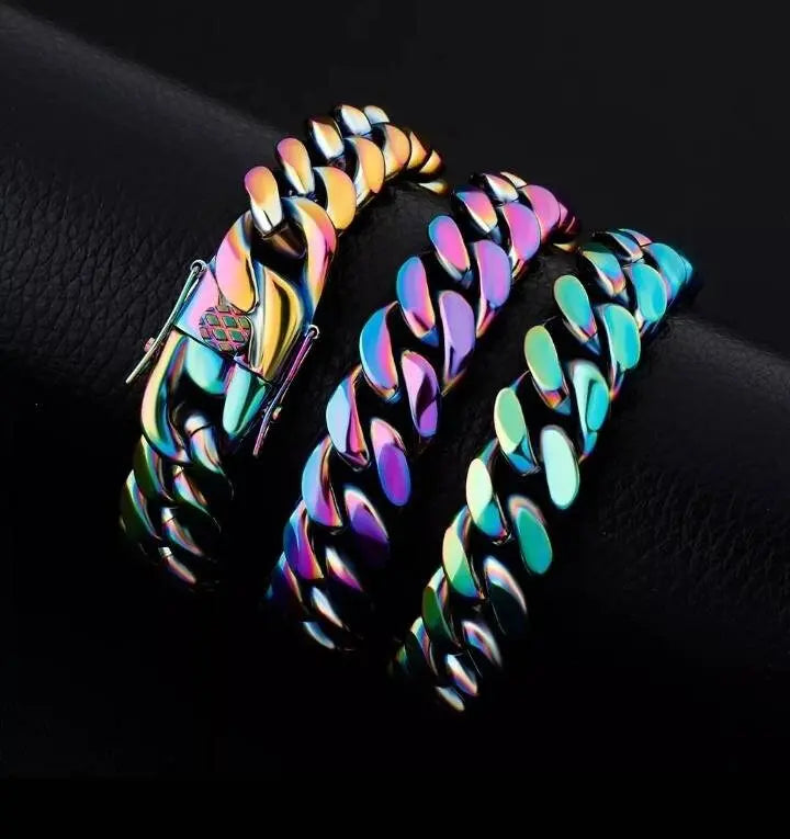 10,14mm Polished Stainless Steel Solid Rainbow Colorful Cuban Link Chain Necklace for Men Women Hip Hop Jewelry JettsJewelers
