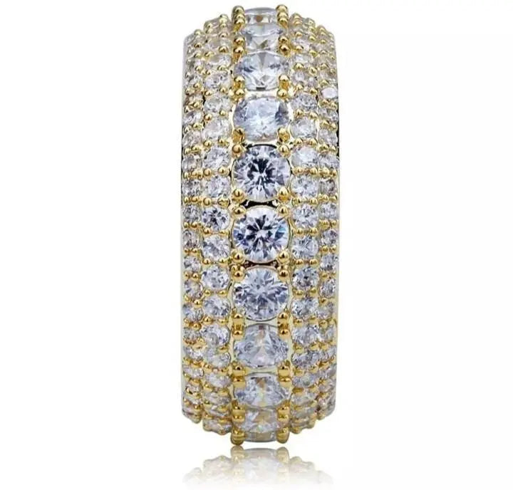 10mm 5 Rows 14K Gold Plated Iced out Premium Diamond CZ Royal Eternity Wedding Engagement Band Ring for Men Women - JettsJewelers