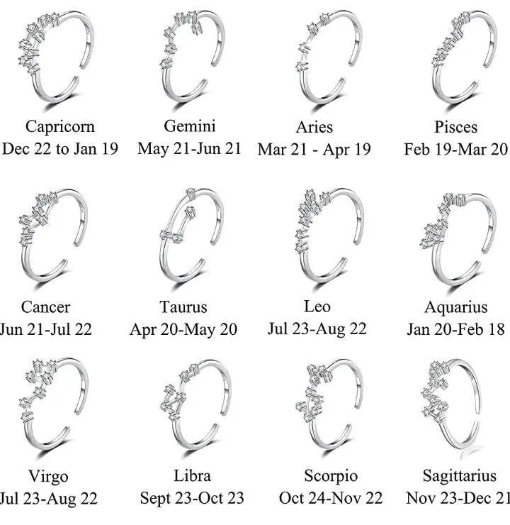12 Constellation Ring Sterling Silver Cubic Zirconia Adjustable Open Ring CZ Zodiac Middle Finger Pinky Ring Size 4.25-8 - JettsJewelers
