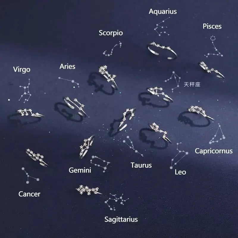 12 Constellation Ring Sterling Silver Cubic Zirconia Adjustable Open Ring CZ Zodiac Middle Finger Pinky Ring Size 4.25-8 - JettsJewelers