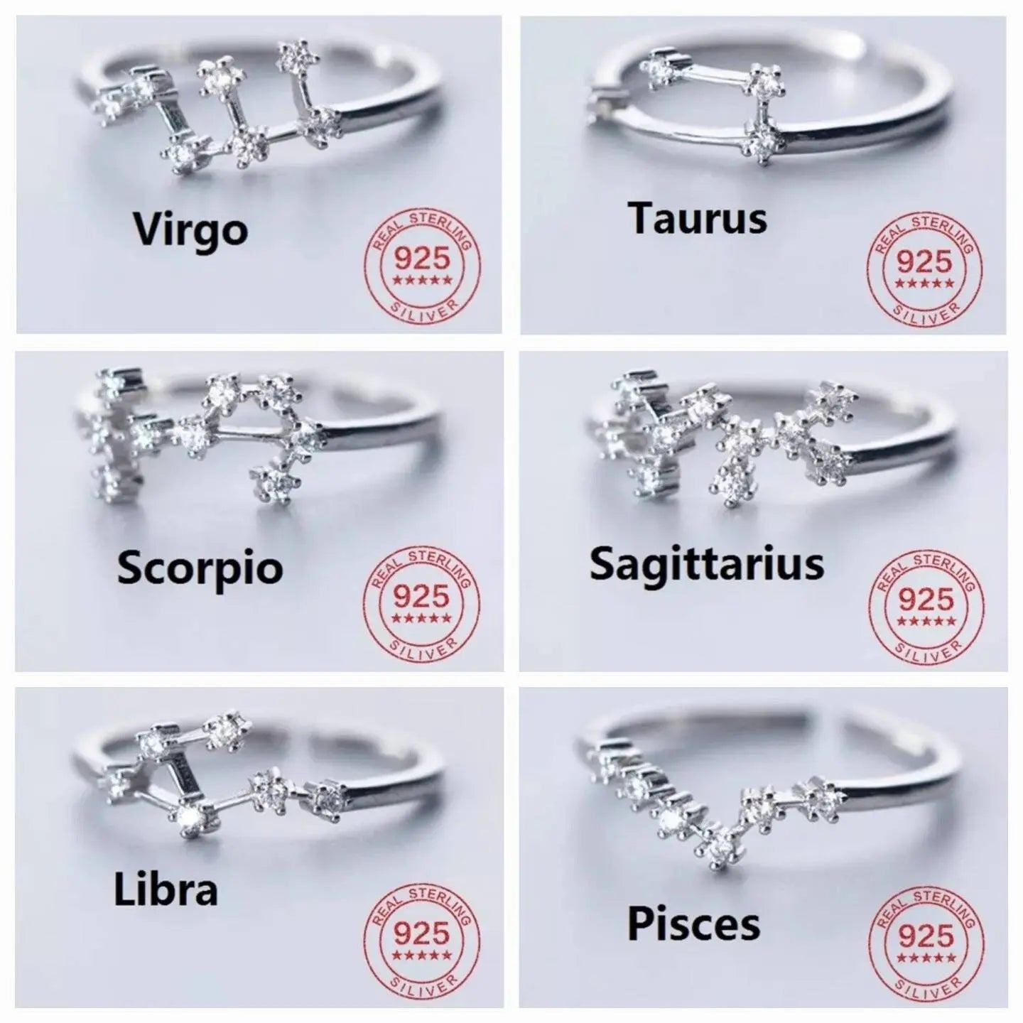 12 Constellation Ring Sterling Silver Cubic Zirconia Adjustable Open Ring CZ Zodiac Middle Finger Pinky Ring Size 4.25-8 - JettsJewelers