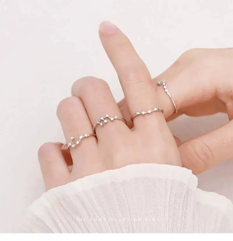12 Constellation Ring Sterling Silver Cubic Zirconia Adjustable Open Ring CZ Zodiac Middle Finger Pinky Ring Size 4.25-8 JettsJewelers