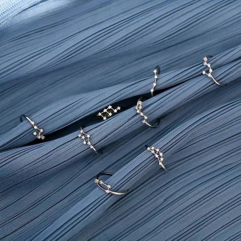 12 Constellation Ring Sterling Silver Cubic Zirconia Adjustable Open Ring CZ Zodiac Middle Finger Pinky Ring Size 4.25-8 JettsJewelers