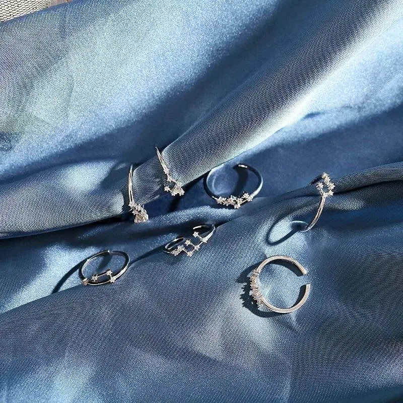 12 Constellation Ring Sterling Silver Cubic Zirconia Adjustable Open Ring CZ Zodiac Middle Finger Pinky Ring Size 4.25-8 JettsJewelers