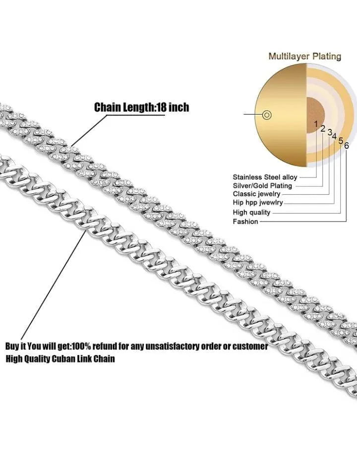 12mm Baguette Chain Female Diamond Gold Silver Miami Cuban Necklace Iced Out Chain 8mm Hip Hop Rapper Jewelry 18 Inches JettsJewelers