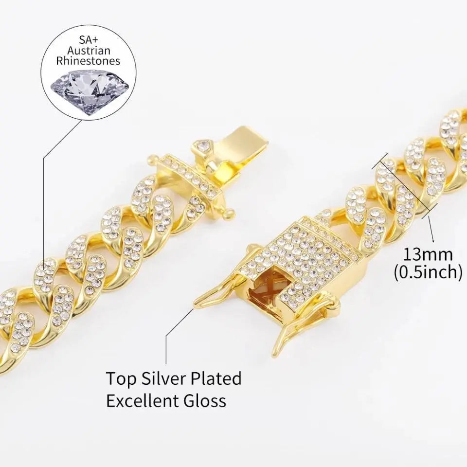 13mm Baguette Chain Mens Diamond Gold Silver Miami Cuban Necklace Iced Out Chain Hip Hop Rapper Jewelry - JettsJewelers