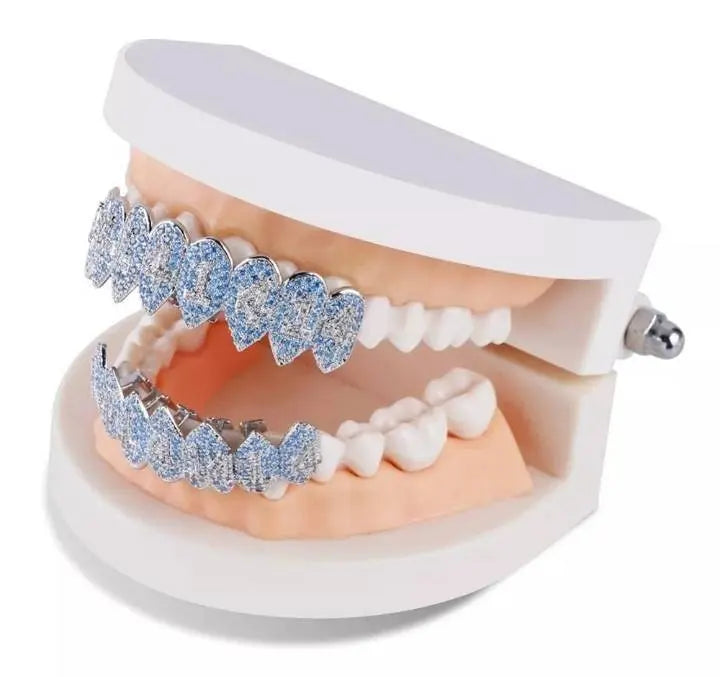1414 Shark Vampire 14K Gold Plated 8 Fang Iced Out CZ Lab Diamond Aquamarine Zircon 14 Vampire Grillz for Your Teeth Top and Bottom Grills - JettsJewelers