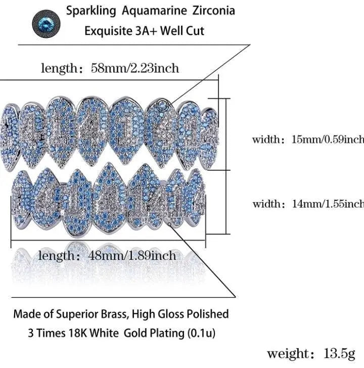 1414 Shark Vampire 14K Gold Plated 8 Fang Iced Out CZ Lab Diamond Aquamarine Zircon 14 Vampire Grillz for Your Teeth Top and Bottom Grills - JettsJewelers