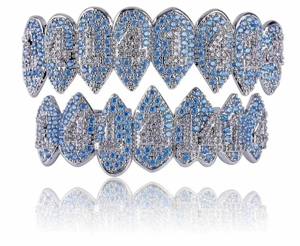 1414 Shark Vampire 14K Gold Plated 8 Fang Iced Out CZ Lab Diamond Aquamarine Zircon 14 Vampire Grillz for Your Teeth Top and Bottom Grills - JettsJewelers