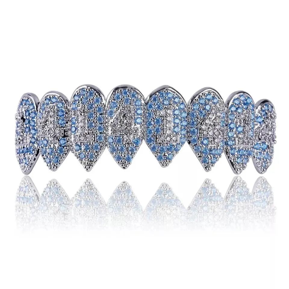 1414 Shark Vampire 14K Gold Plated 8 Fang Iced Out CZ Lab Diamond Aquamarine Zircon 14 Vampire Grillz for Your Teeth Top and Bottom Grills - JettsJewelers