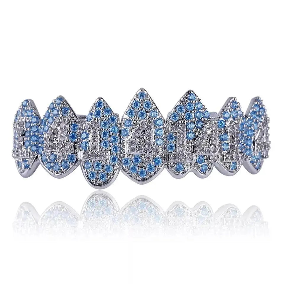 1414 Shark Vampire 14K Gold Plated 8 Fang Iced Out CZ Lab Diamond Aquamarine Zircon 14 Vampire Grillz for Your Teeth Top and Bottom Grills - JettsJewelers