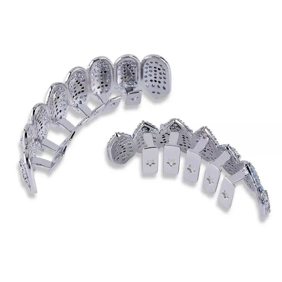 1414 Shark Vampire 14K Gold Plated 8 Fang Iced Out CZ Lab Diamond Aquamarine Zircon 14 Vampire Grillz for Your Teeth Top and Bottom Grills - JettsJewelers