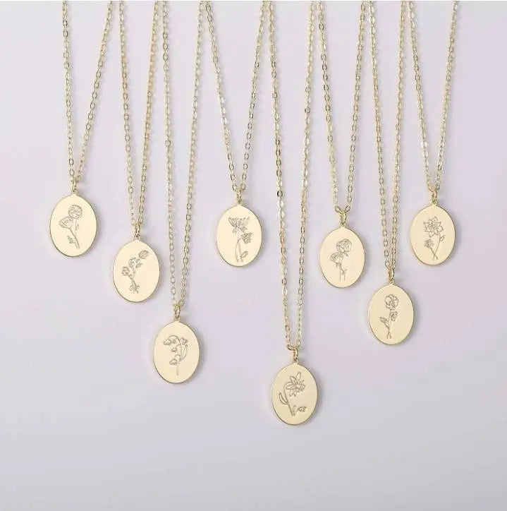 14K Gold Plated Birth Flower Necklace Coin Pendant Personalized Gift for Women Girls 12 Months Constellation Birth Month Flower Necklace JettsJewelers