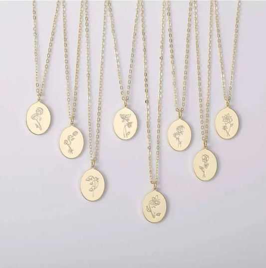 14K Gold Plated Birth Flower Necklace Coin Pendant Personalized Gift for Women Girls 12 Months Constellation Birth Month Flower Necklace JettsJewelers