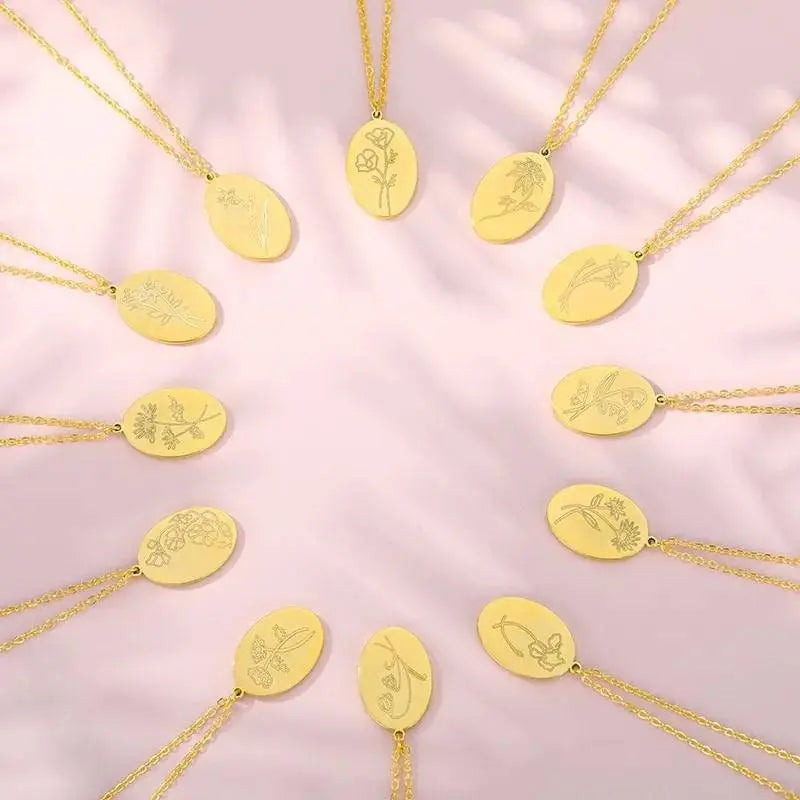 14K Gold Plated Birth Flower Necklace Coin Pendant Personalized Gift for Women Girls 12 Months Constellation Birth Month Flower Necklace JettsJewelers