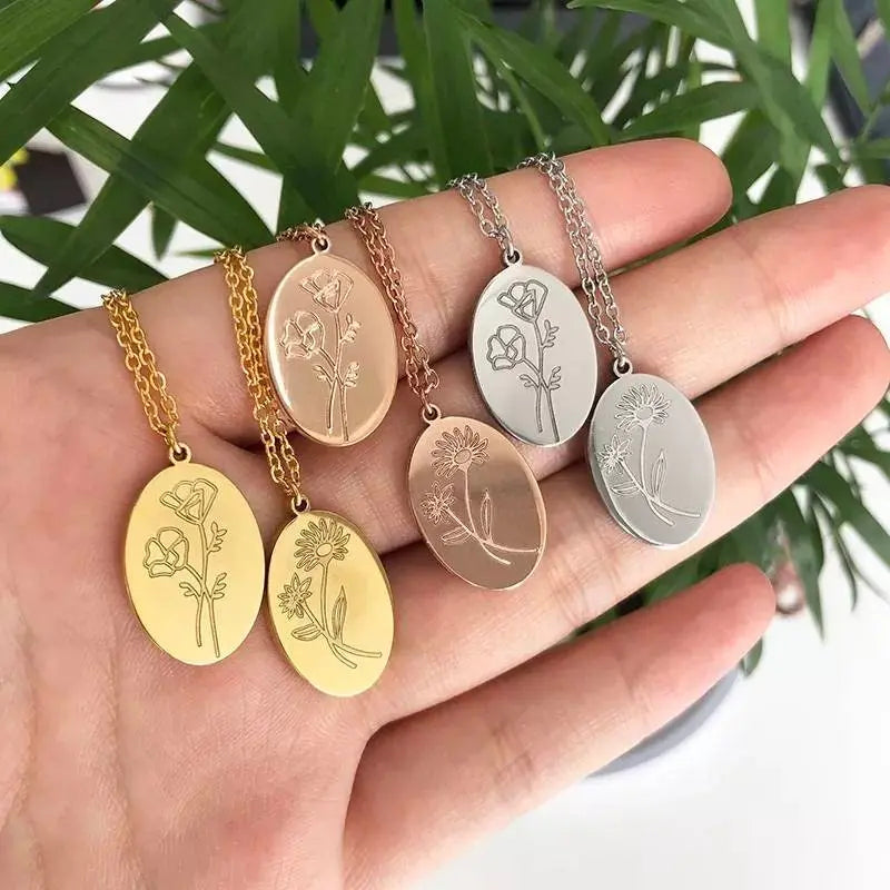 14K Gold Plated Birth Flower Necklace Coin Pendant Personalized Gift for Women Girls 12 Months Constellation Birth Month Flower Necklace JettsJewelers