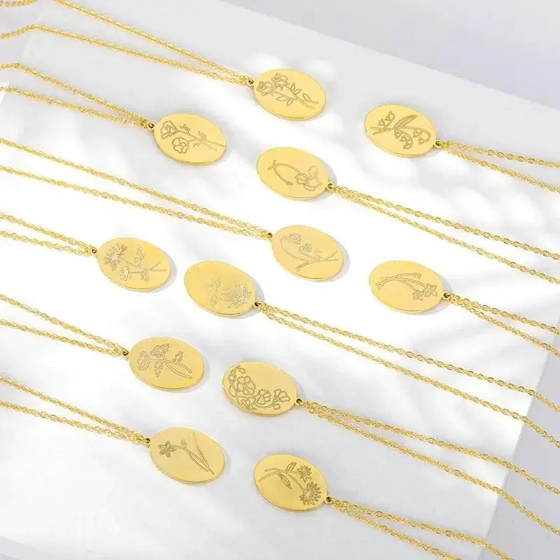 14K Gold Plated Birth Flower Necklace Coin Pendant Personalized Gift for Women Girls 12 Months Constellation Birth Month Flower Necklace JettsJewelers
