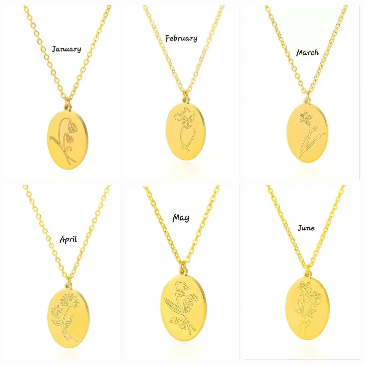 14K Gold Plated Birth Flower Necklace Coin Pendant Personalized Gift for Women Girls 12 Months Constellation Birth Month Flower Necklace JettsJewelers