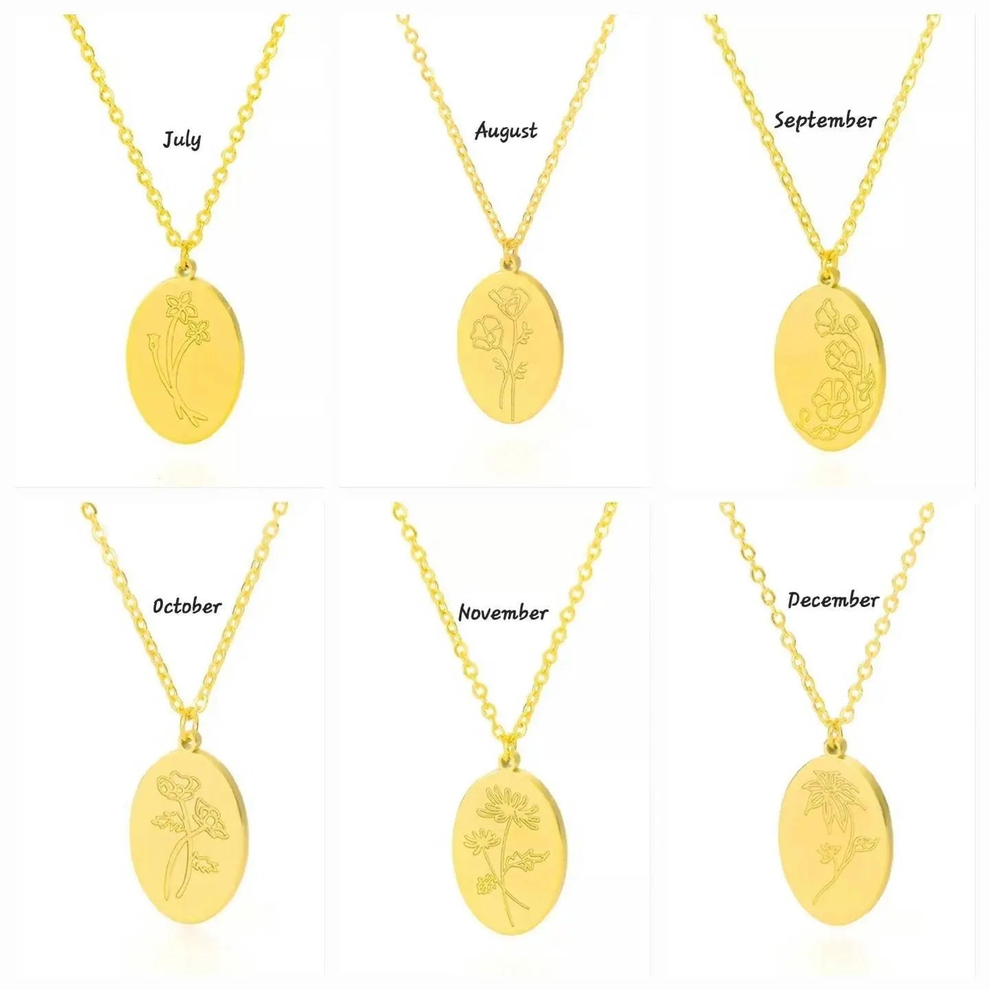 14K Gold Plated Birth Flower Necklace Coin Pendant Personalized Gift for Women Girls 12 Months Constellation Birth Month Flower Necklace JettsJewelers