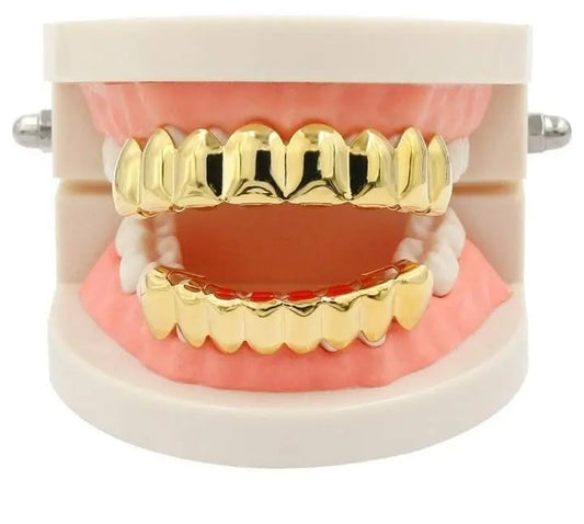 14K Gold Plated Gold Finish 6 Top Teeth 6 Bottom Tooth Hip Hop Mouth Grills for Men and Women JettsJewelers