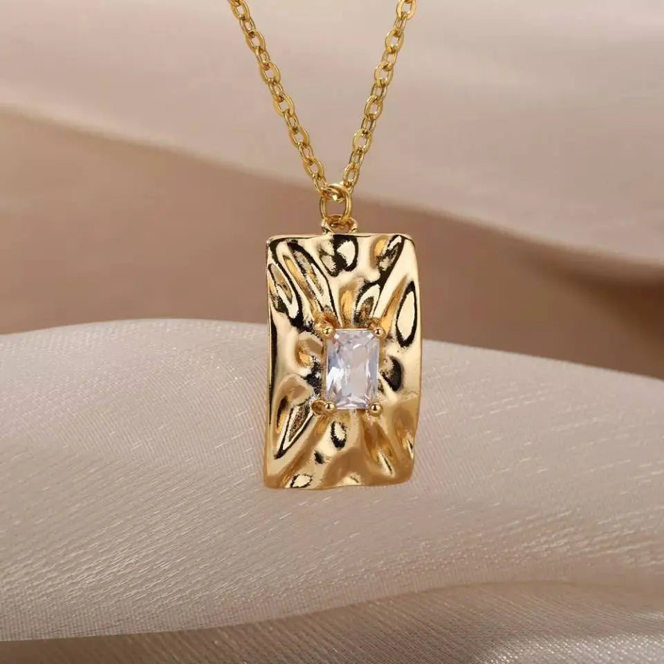 14K Gold Plated Irregular Rectangular Zircon Necklace Vintage Stainless Steel Geometric Clavicle Necklace Silver - JettsJewelers