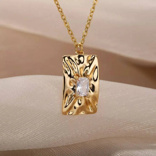 14K Gold Plated Irregular Rectangular Zircon Necklace Vintage Stainless Steel Geometric Clavicle Necklace Silver - JettsJewelers