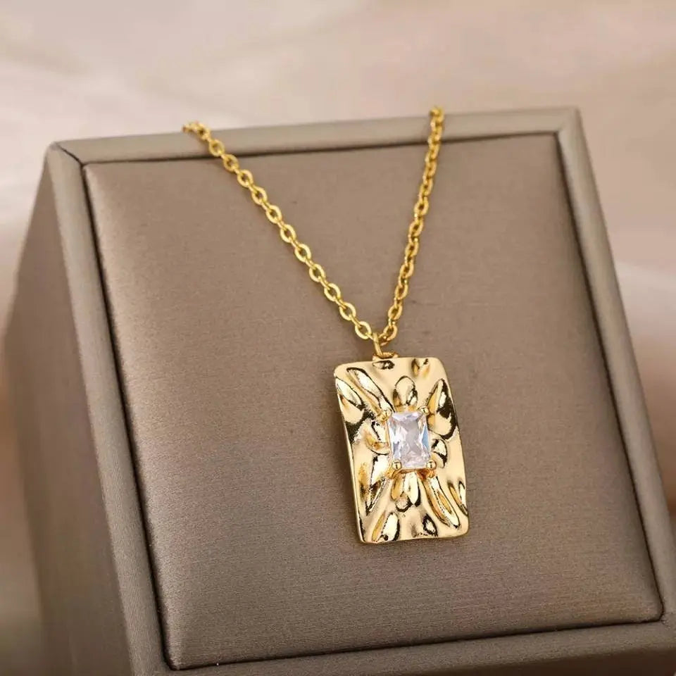 14K Gold Plated Irregular Rectangular Zircon Necklace Vintage Stainless Steel Geometric Clavicle Necklace Silver - JettsJewelers