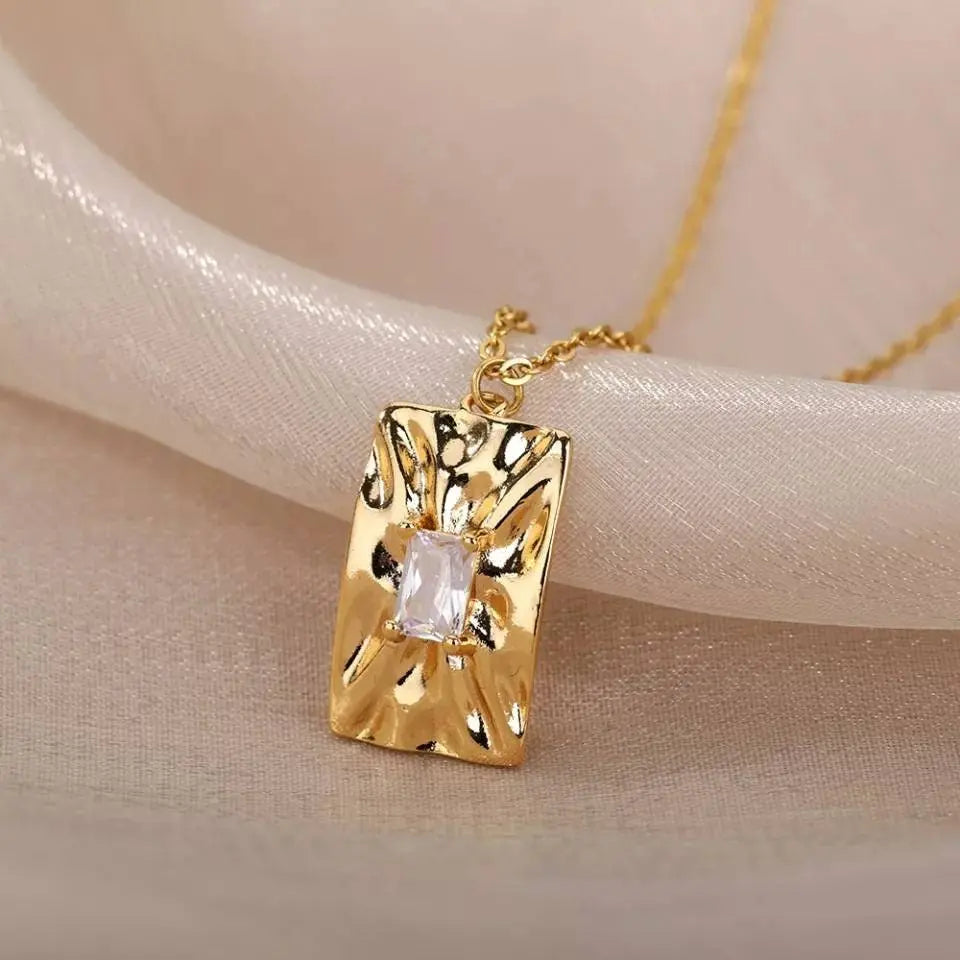 14K Gold Plated Irregular Rectangular Zircon Necklace Vintage Stainless Steel Geometric Clavicle Necklace Silver - JettsJewelers