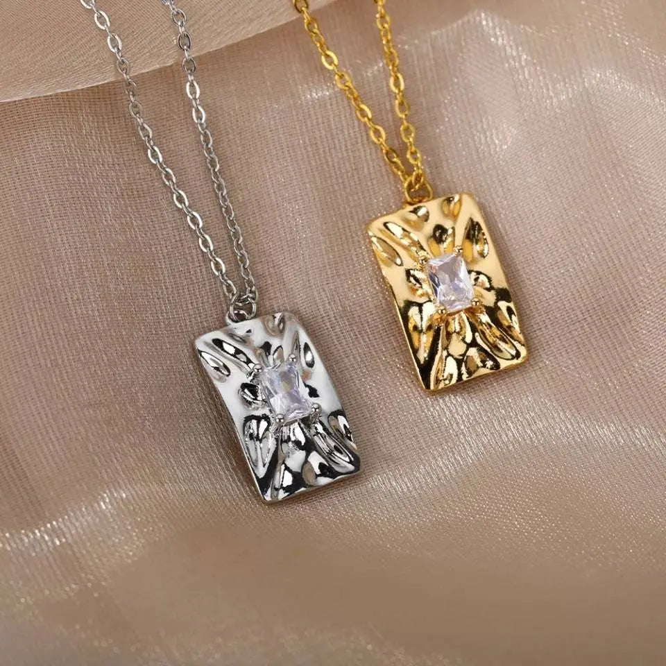 14K Gold Plated Irregular Rectangular Zircon Necklace Vintage Stainless Steel Geometric Clavicle Necklace Silver - JettsJewelers