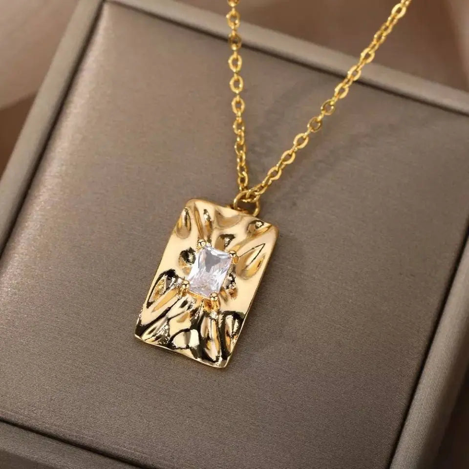 14K Gold Plated Irregular Rectangular Zircon Necklace Vintage Stainless Steel Geometric Clavicle Necklace Silver - JettsJewelers